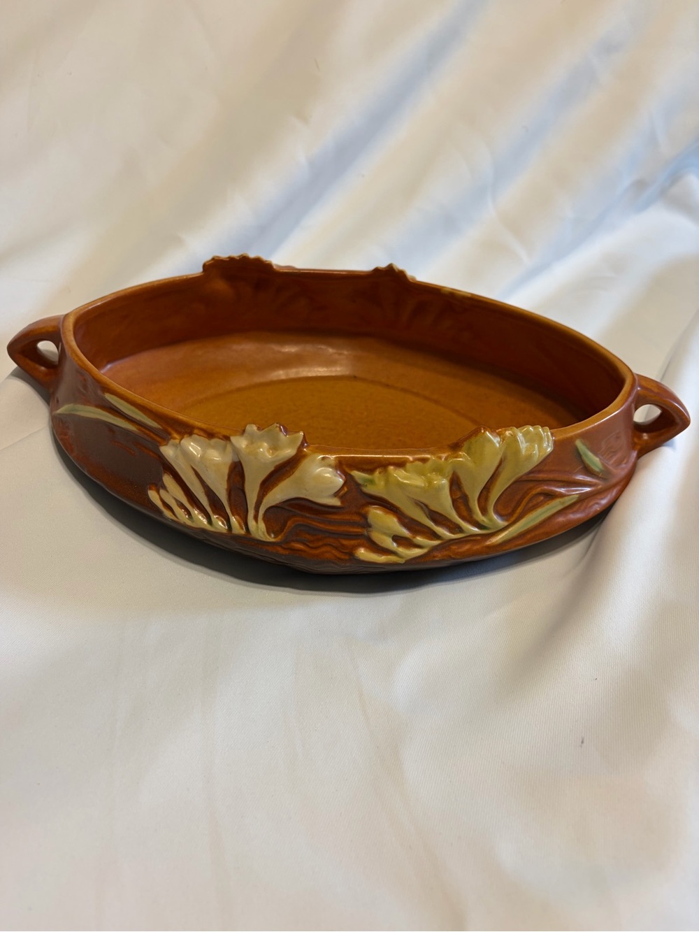 1940s Roseville Pottery Freesia Double Handled Brown Console Bowl #466-10